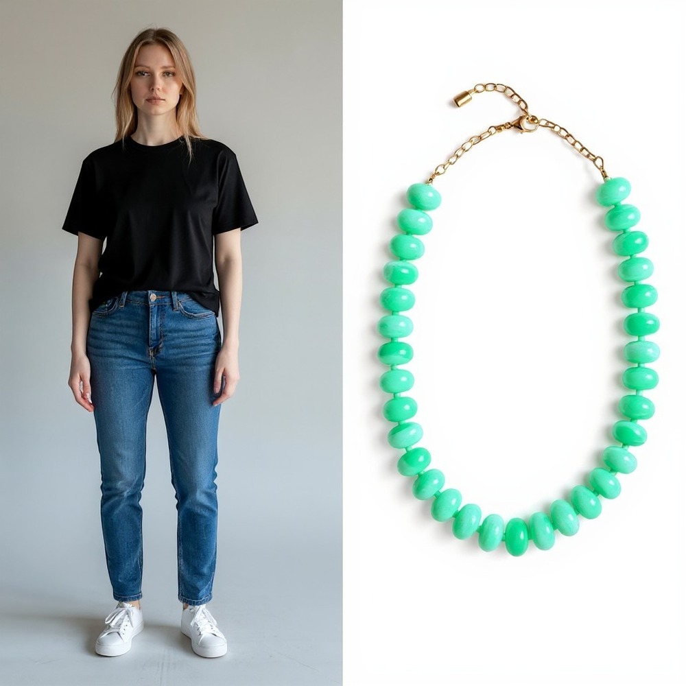 Chunky Mint‎ Green Resin Bead Statement Necklace Gold Tone Adjustable Clasp